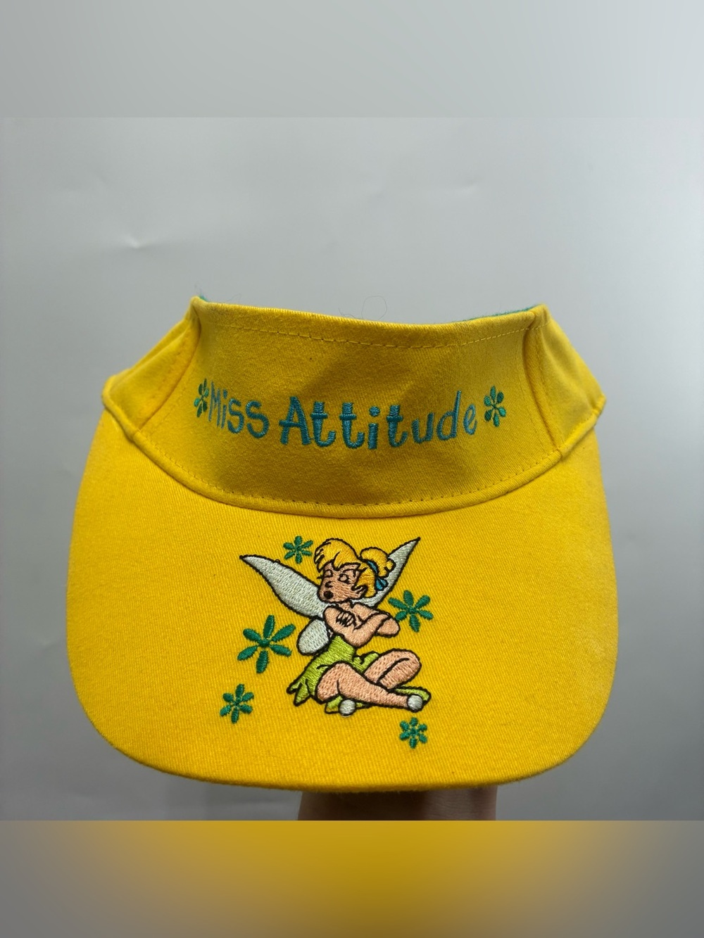 Vintage 90s Disney Tinker Bell Miss Attitude Visor Hat Cap Yellow Embroidered